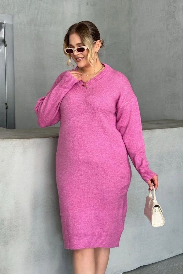 Büyük Beden V Yaka Uzun Kollu Örme Kazak Elbise 302336 Vervegrand