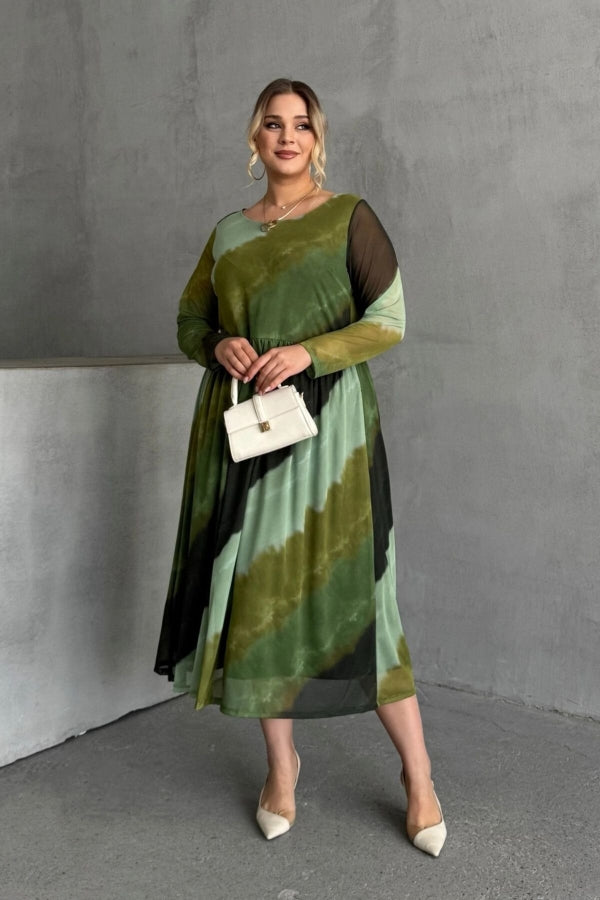 Büyük Beden Bisiklet Yaka Uzun Kollu Beli Lastikli Astarlı Elbise 615922 Vervegrand