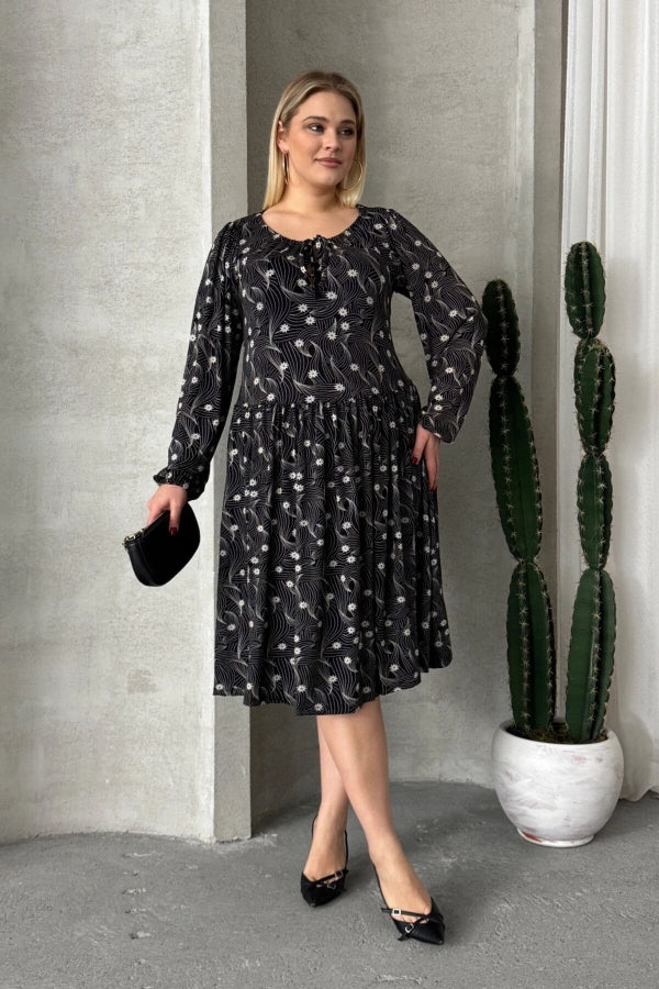 Büyük Beden Uzun Kollu Yakası Bağlama Detaylı Desenli Elbise 100-73 Vervegrand