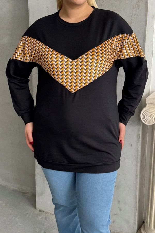 Büyük Beden Bisiklet Yaka Uzun Kollu Desenli Sweatshirt 300334 Vervegrand