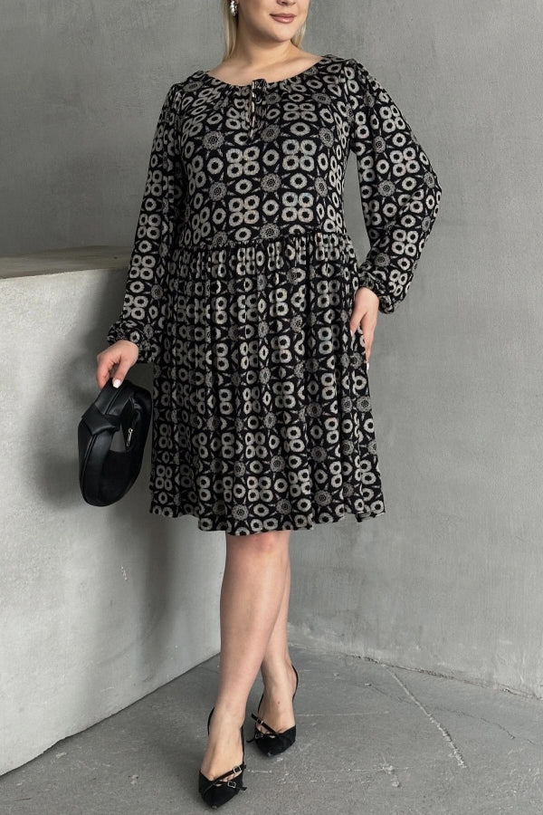 Büyük Beden Uzun Kollu Yakası Bağlamalı Eteği Pileli Elbise 100-75 Vervegrand