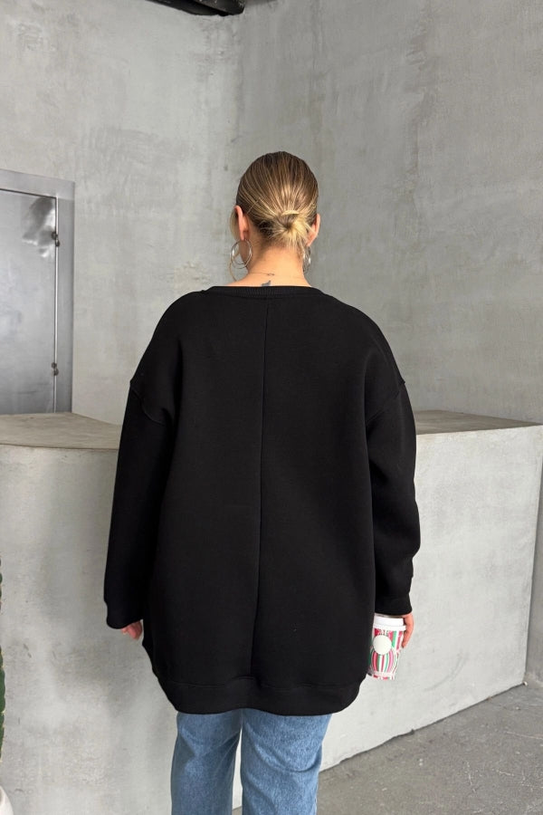 Vervegrand büyük beden kadın giyim özel tasarım siyah sweatshirt