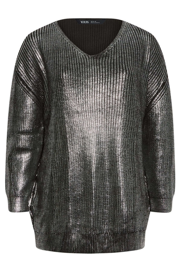 Büyük Beden V Yaka Folyo Baskılı Uzun Kollu Kazak 302321 Vervegrand