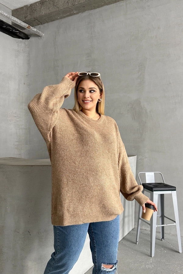 Büyük Beden Bisiklet Yaka Uzun Kollu Triko Kazak 302343 Vervegrand