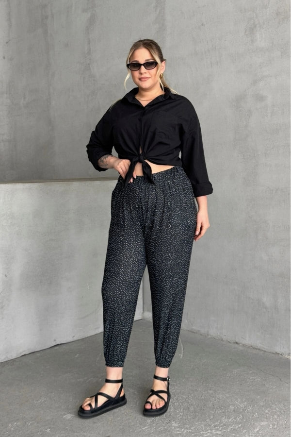 Büyük Beden Beli ve Paçası Lastikli Cepli Desenli Şalvar Pantolon 74-73 Vervegrand