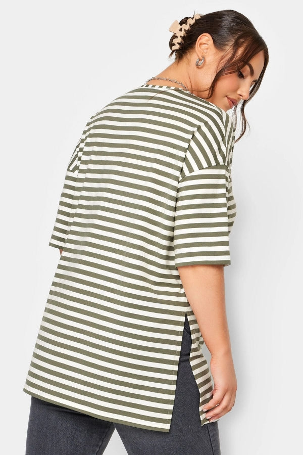 Büyük Beden Yırtmaç Detaylı Çizgili Yarım Kol Bisiklet Yaka Bluz 321119 Vervegrand