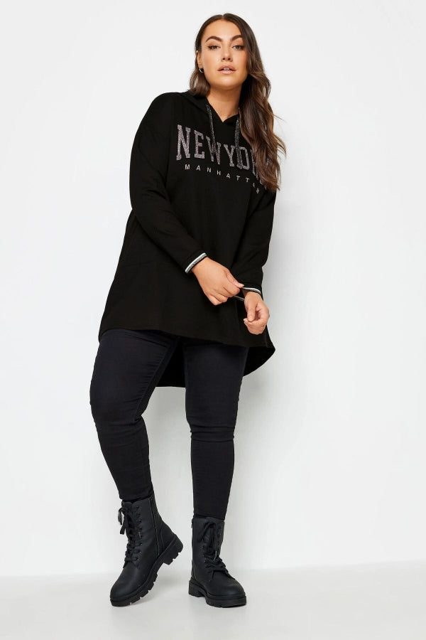 Vervegrand büyük beden siyah Manhattan baskılı kapüşonlu sweatshirt