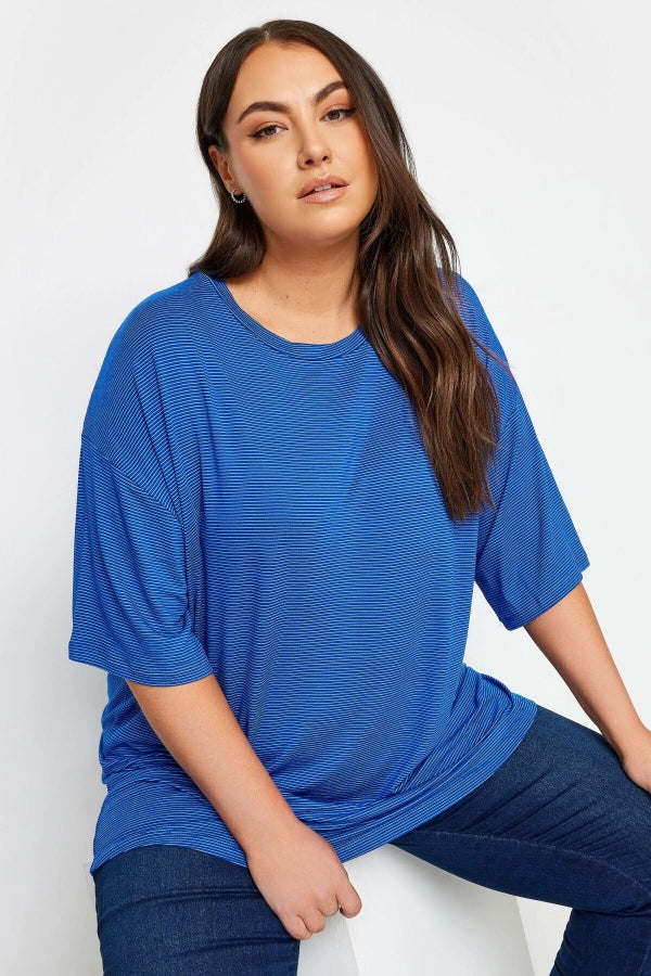 Vervegrand büyük beden çizgili mavi t-shirt ön görünüm