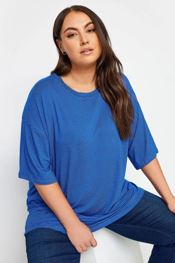 Vervegrand büyük beden çizgili mavi t-shirt ön görünüm