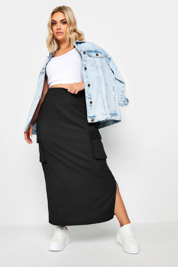 Büyük Beden Beli Lastikli Yanları Cep Detaylı Yırtmaçlı Desensiz Etek 160295 Vervegrand