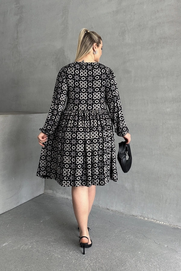 Büyük Beden Uzun Kollu Yakası Bağlamalı Eteği Pileli Elbise 100-75 Vervegrand