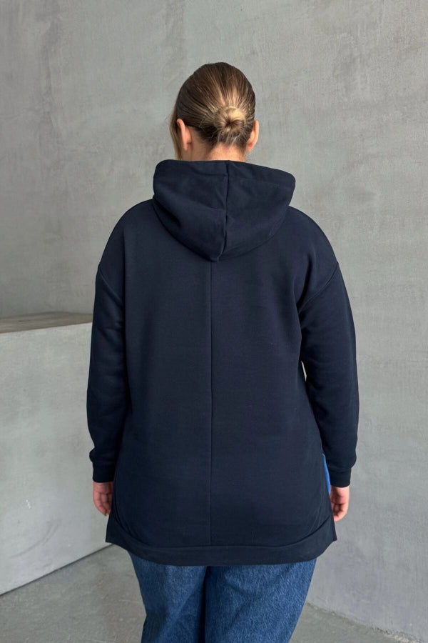 Büyük Beden Uzun Kollu Kapüşonlu Kanguru Cepli Yanları Yırtmaçlı Sweatshirt 303850 Vervegrand