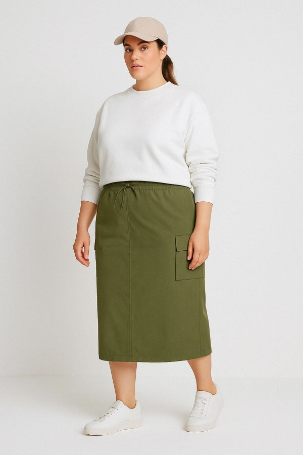 Büyük Beden Midi Boy Beli Büzgülü Arkadan Yırtmaçlı Kargo Etek 302037 Vervegrand