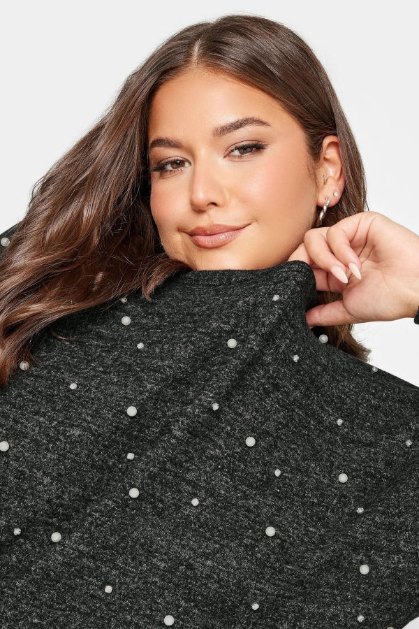 Büyük Beden Bisiklet Yaka Uzun Kollu İnci İşlemeli Bluz 302623 Vervegrand