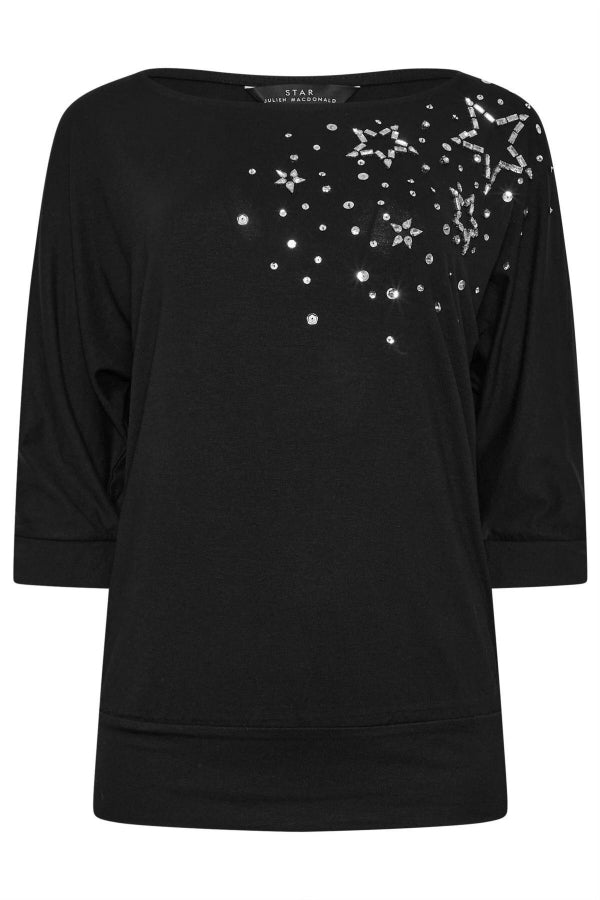 Geniş Bisiklet Yaka Yarım Kollu Yıldız Taş İşlemeli Beli Lastikli Bluz 110695 Vervegrand