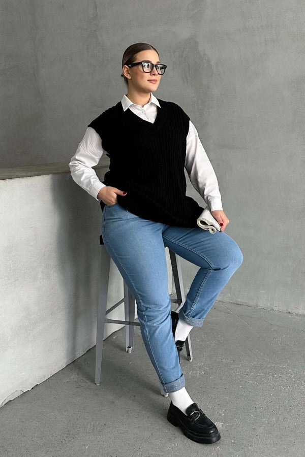 Büyük Beden V Yaka Kısa Kollu Triko Süveter 302134 Vervegrand