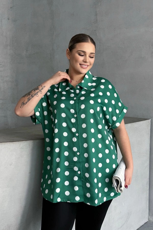 Büyük Beden Önü Düğmeli Kısa Kollu Puantiye Desenli Gömlek 303461 Vervegrand