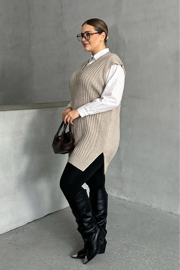 Büyük Beden V Yaka Kısa Kollu Triko Süveter 302133 Vervegrand