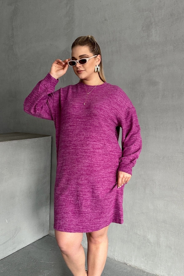 Büyük Beden Uzun Kollu Bisiklet Yaka Kırçıllı Elbise 84-162 Vervegrand