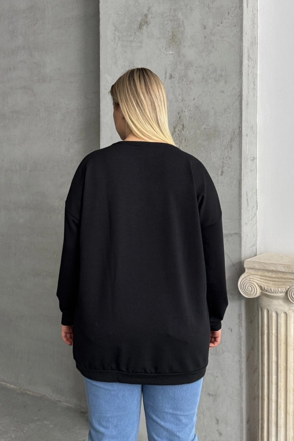 Büyük Beden Bisiklet Yaka Uzun Kollu Leopar Desenli Sweatshirt 300281 Vervegrand