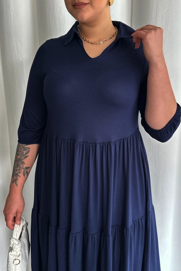 Büyük Beden V Yaka Yarım Kollu Beli Lastikli Uzun Elbise T44 Vervegrand