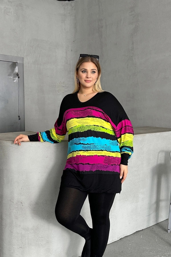 Büyük Beden V Yaka Çizgili Yanları Yırtmaçlı Uzun Kollu Bluz 302014 Vervegrand