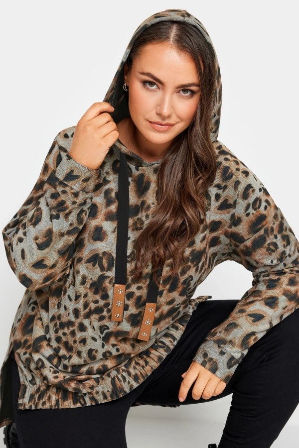 Vervegrand pamuklu leopar desenli büyük beden kapüşonlu sweatshirt
