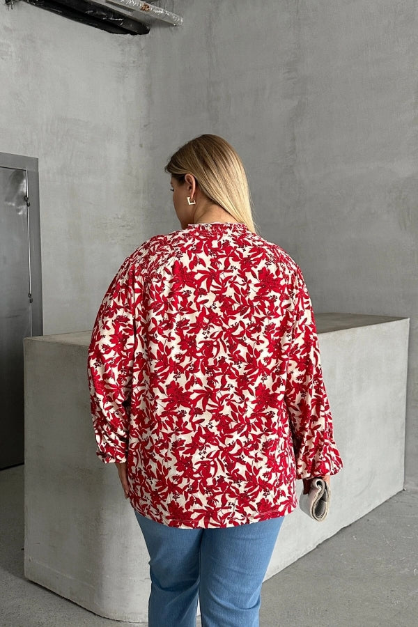 Büyük Beden Yakası Büzgülü Uzun Kollu Desenli Bluz E15233 Vervegrand