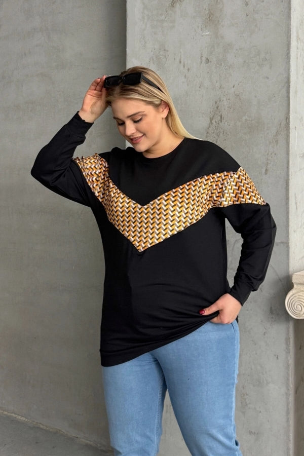 Büyük Beden Bisiklet Yaka Uzun Kollu Desenli Sweatshirt 300334 Vervegrand