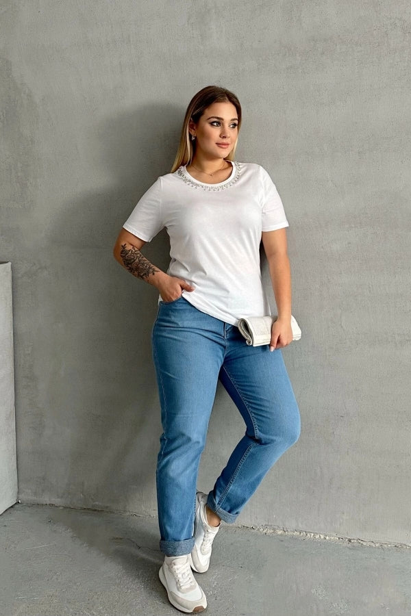 Büyük Beden Bisiklet Yaka Yakası Taş Detaylı Basic T-shirt SD-1064 Vervegrand