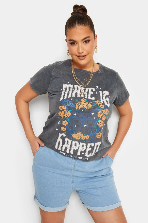 Vervegrand büyük beden yıkamalı baskılı gri t-shirt ön görünüm