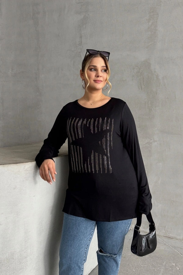 Büyük Beden Uzun Kollu Bisiklet Yaka Taş İşlemeli İnce Bluz 173716 Vervegrand