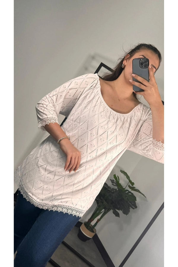 Büyük Beden Bisiklet Yaka Dantel Detaylı Fakir Bol Bluz 301195 Vervegrand