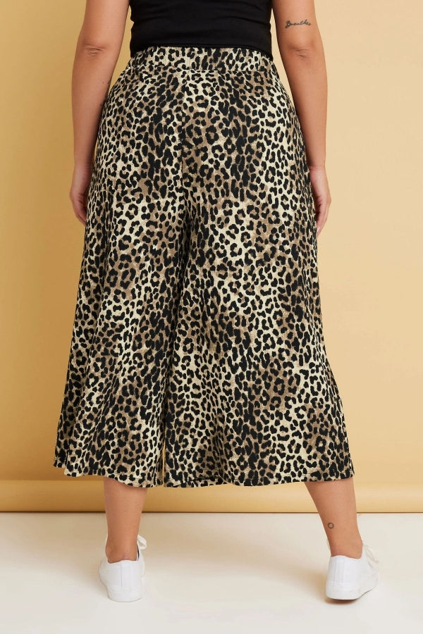 Büyük Beden Beli Lastikli Cepli Leopar Desenli Midi Bol Paça Pantolon 145267 Vervegrand