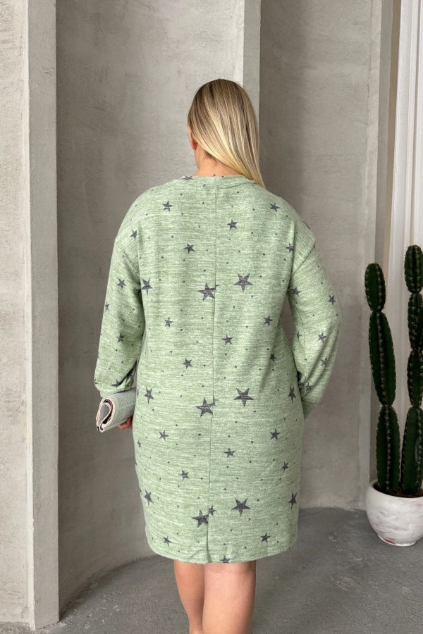 Büyük Beden Uzun Kollu Bisiklet Yaka Yıldız Desenli Esnek Elbise 84-158 Vervegrand