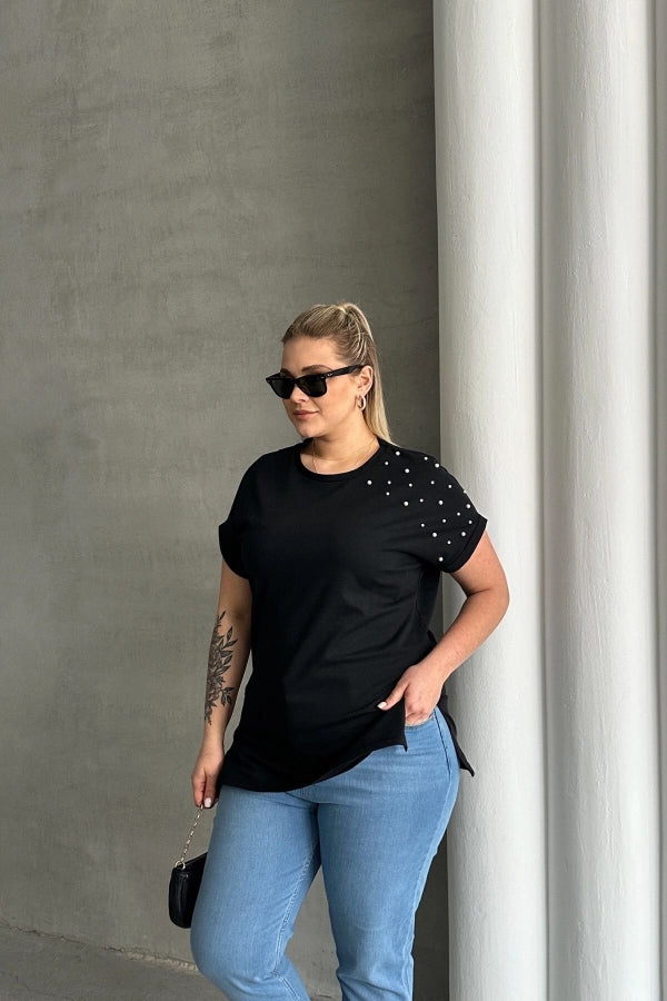 Büyük Beden Kısa Kollu Bisiklet Yaka Yanları Yırtmaçlı Boncuklu Basic T-shirt RFT-03 Vervegrand