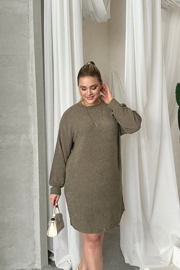 Büyük Beden Uzun Kollu Bisiklet Yaka Düz Kesim Elbise 100-190 Vervegrand