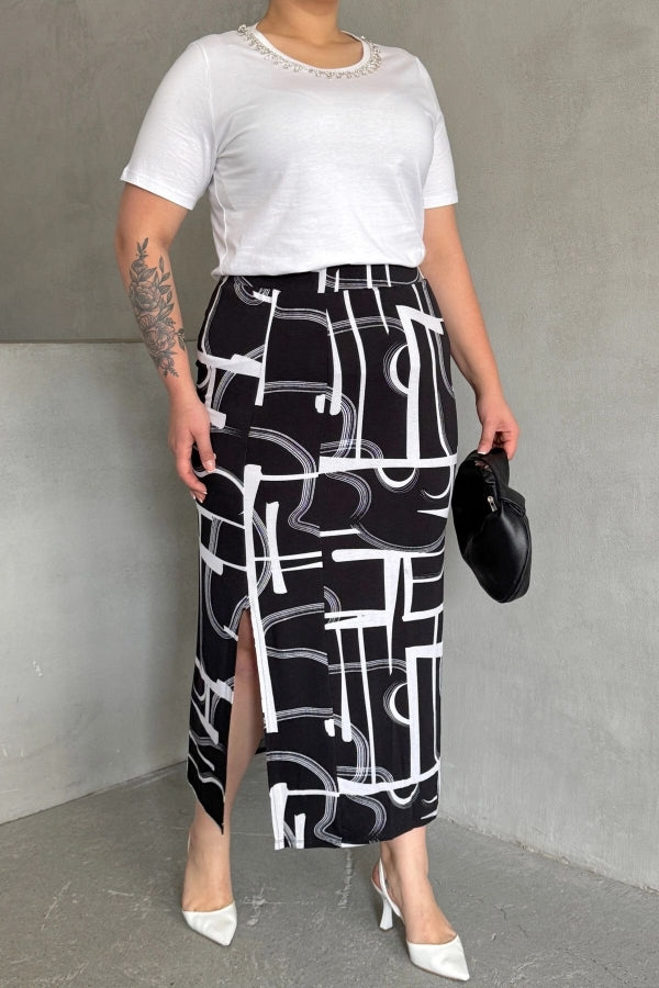 Büyük Beden Beli Lastikli Soyut Desenli Yırtmaç Detaylı Uzun Etek 98-120 Vervegrand