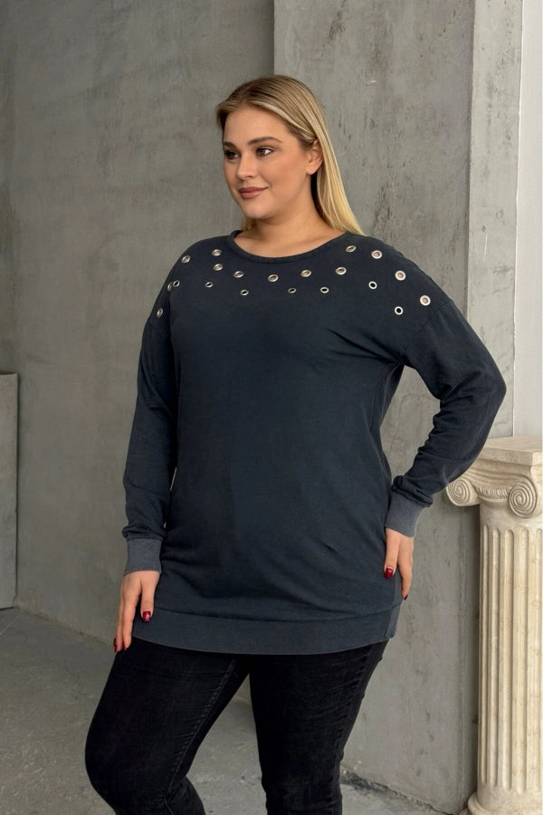 Vervegrand büyük beden kuşgözü detaylı antrasit sweatshirt önden görünüm