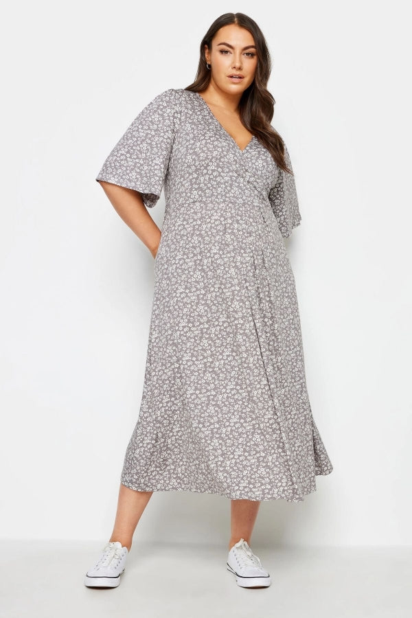 Büyük Beden V Yaka Kısa Kollu Desenli Midi Boy Elbise 302749 Vervegrand