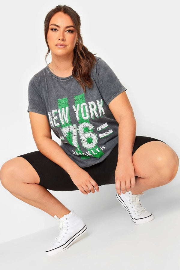 Büyük Beden Yazı Baskılı Yıkamalı Yarım Kollu Bisiklet Yaka T-shirt 302196 Vervegrand