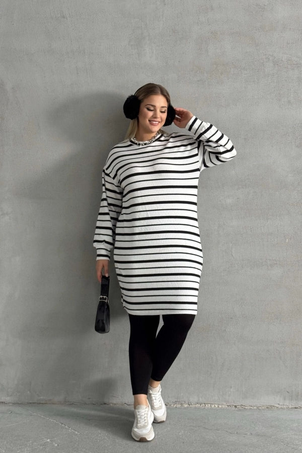 Büyük Beden Bisiklet Yaka Uzun Kollu Bileği Lastikli Çizgili Elbise 303062 Vervegrand