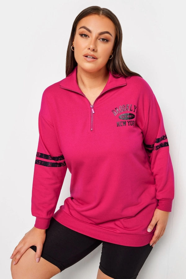 Büyük Beden Kolları Şeritli Yarım Fermuarlı Uzun Kollu Sweatshirt 301754 Vervegrand