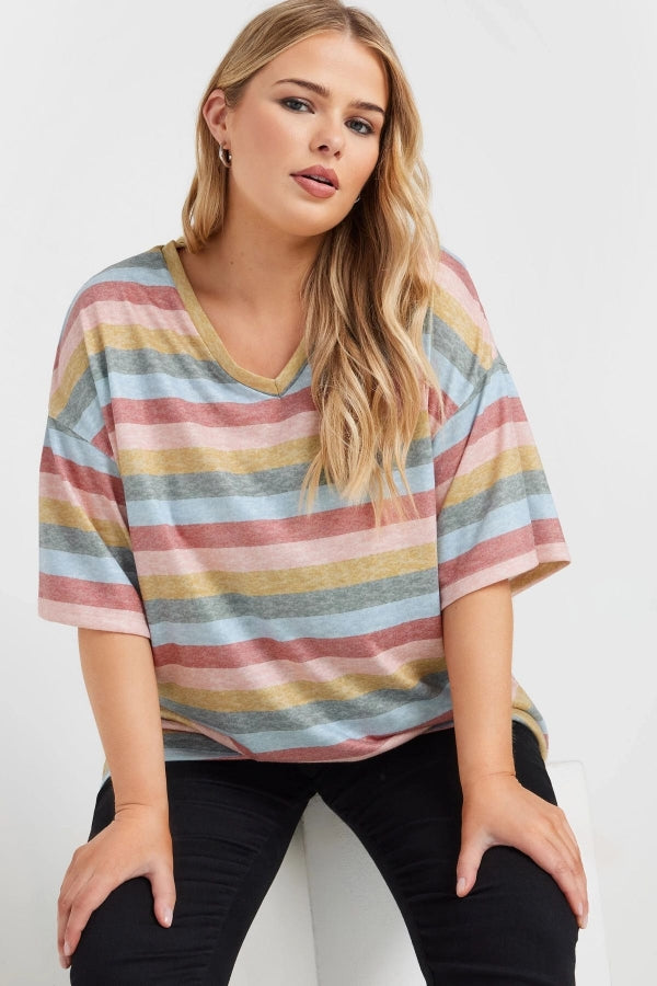Büyük Beden V Yaka Kısa Kollu Çizgili T-shirt 303524 Vervegrand