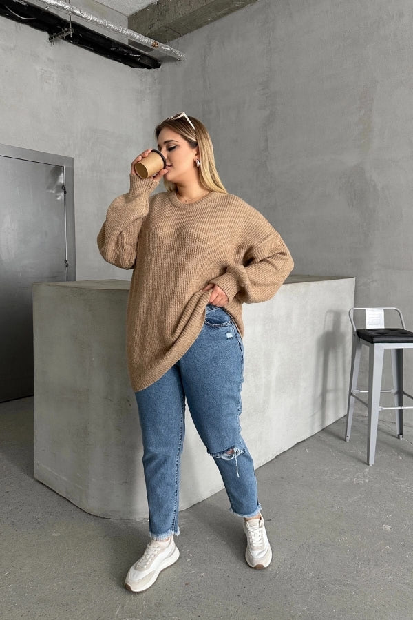 Büyük Beden Bisiklet Yaka Uzun Kollu Triko Kazak 302343 Vervegrand