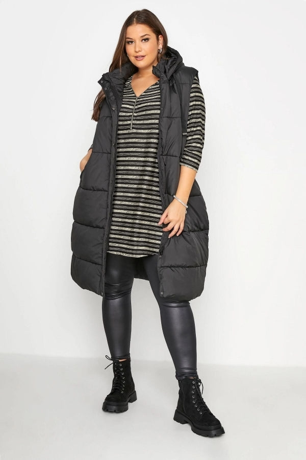 Büyük Beden V Yaka Önü Fermuar Detaylı Yarım Kollu Çizgili Tunik 173690 Vervegrand