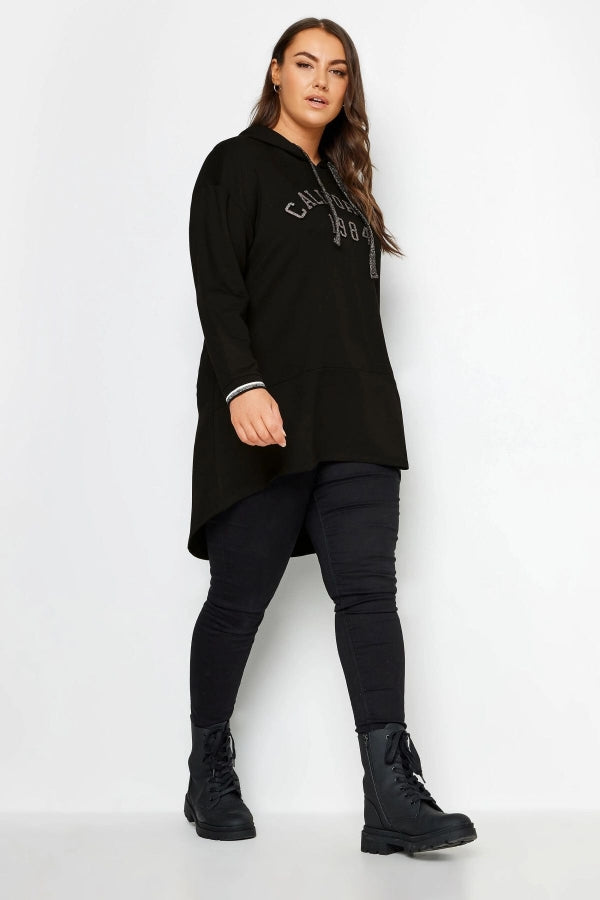 Vervegrand büyük beden arkası uzun siyah kapüşonlu sweatshirt yan görünüm