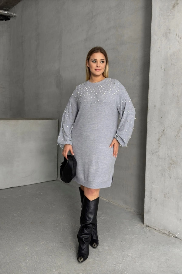 Büyük Beden Bisiklet Yaka Balon Kol Boncuk İşlemeli Triko Elbise 302668 Vervegrand