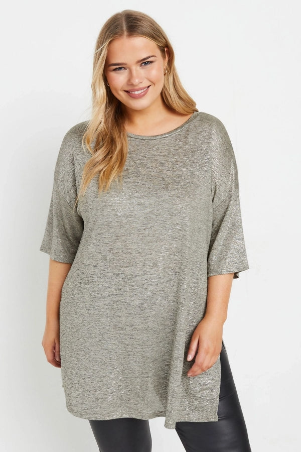 Büyük Beden Bisiklet Yaka Yarım Kollu Yırtmaçlı Parlak Görünümlü Bluz 303613 Vervegrand