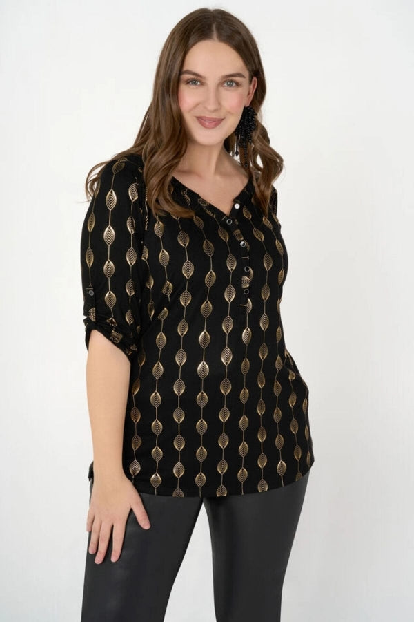 Büyük Beden V Yaka Çıtçıt Düğmeli Fakir Kol Uzun Kesim Bluz E15244 Vervegrand